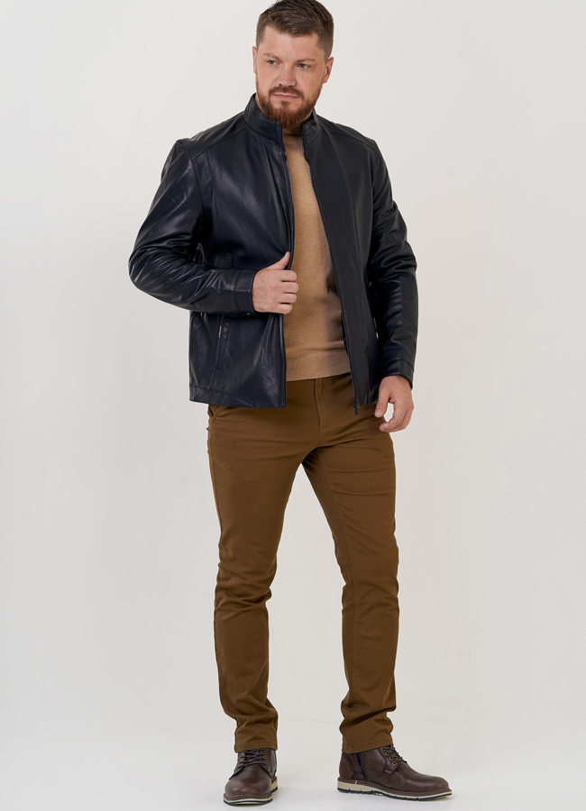 Куртка мужская из натуральной кожи с воротником стойкой  модель №  24366 в рассрочку