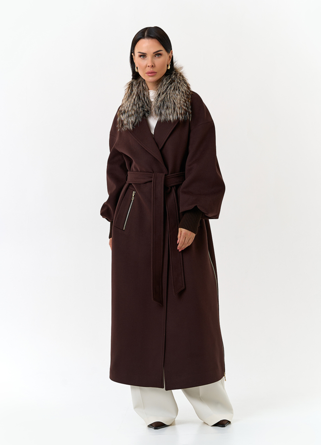 Женское длинное пальто с отделкой из меха лисы модель № 32857 универмаг малина