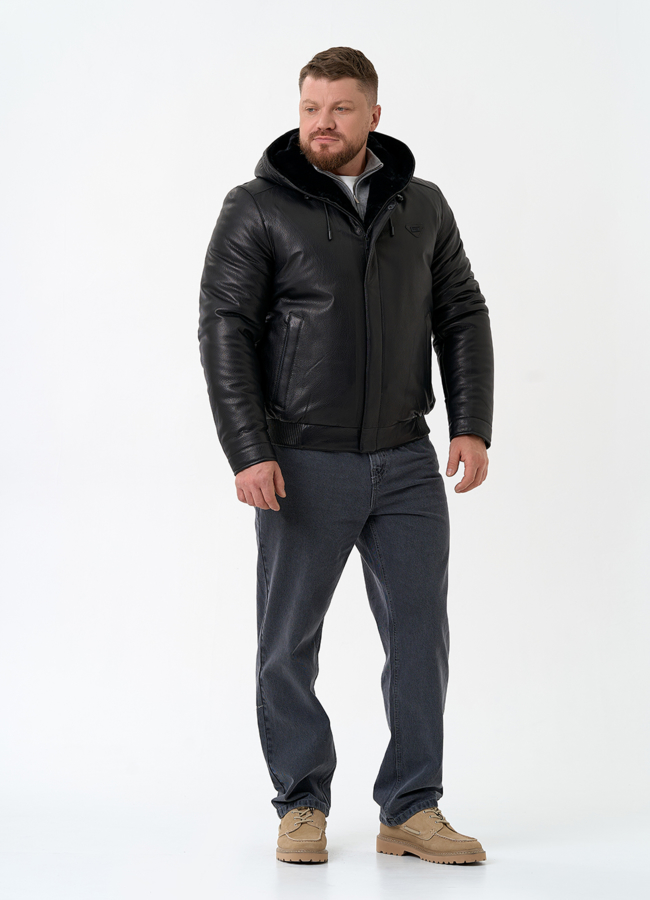 фото Мужской пуховик из натуральной кожи с капюшоном модель № 32051