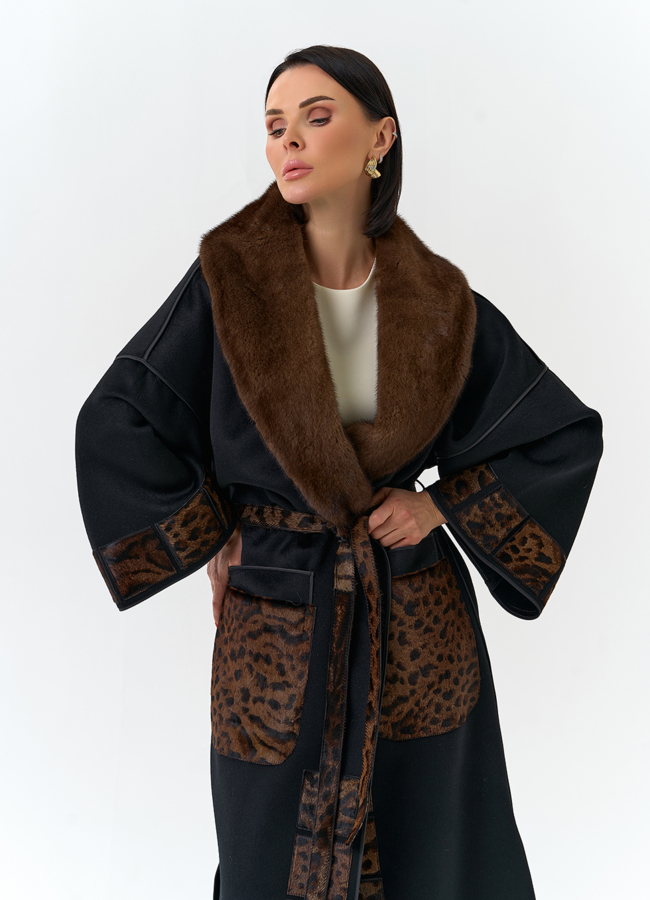 Женское длинное пальто с воротником из меха норки модель № 32647 универмаг малина