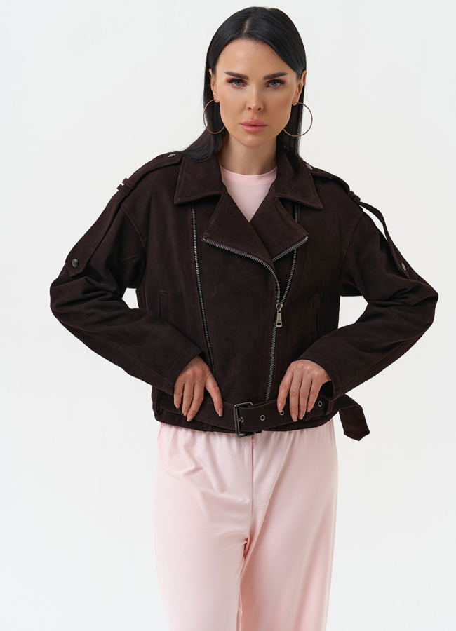 Женская куртка из натуральной замши модель № 30318 меха малина