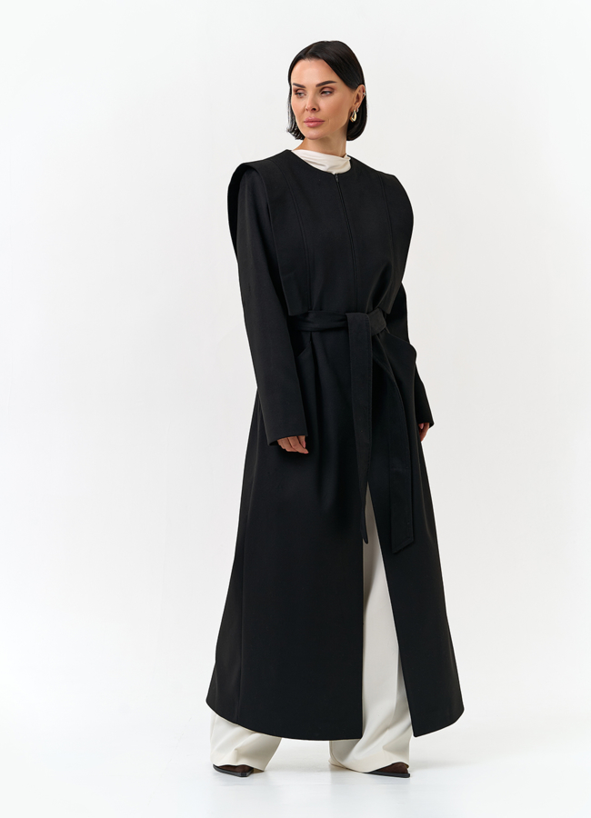 Женское длинное пальто с акцентными плечами модель № 32856 универмаг малина