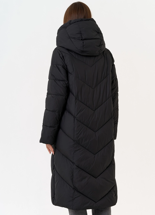 Женский пуховик черного цвета с поясом модель № 31603 в рассрочку