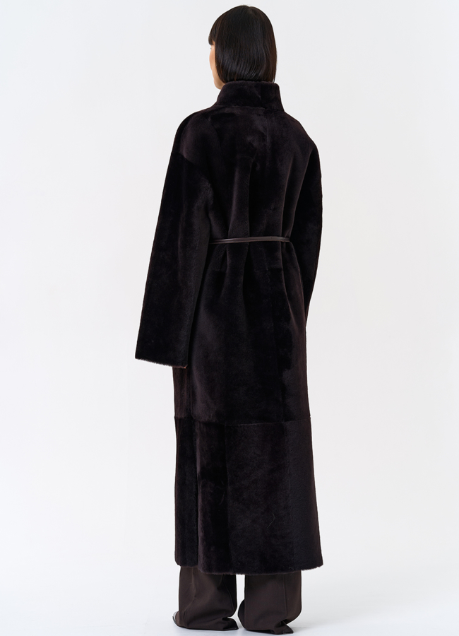 фото Женская двухсторонняя дубленка с декоративным поясом модель № 31853