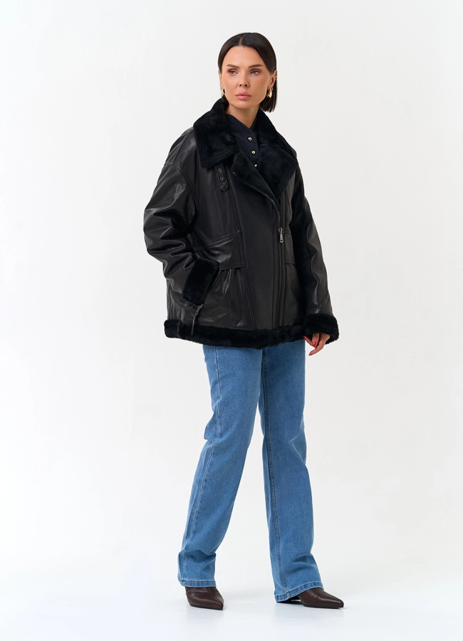 Женский пуховик из натуральной кожи модель № 34216 в рассрочку фото