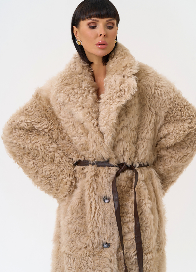 Женская двухсторонняя дубленка с декоративным поясом модель № 31620 универмаг малина