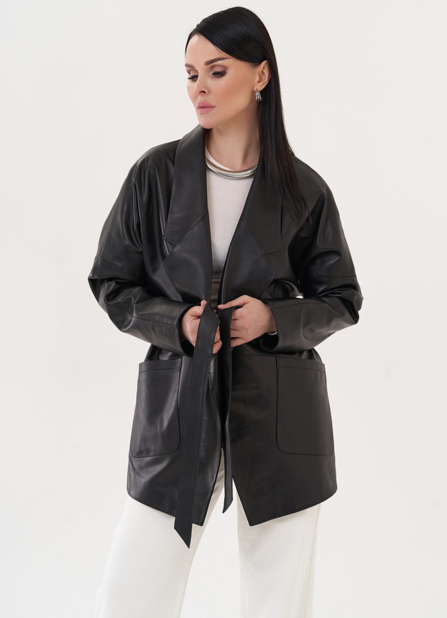 фото Кожаная куртка-пиджак с поясом модель № 26952