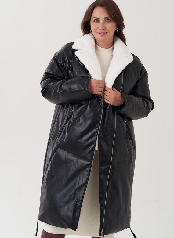 Пуховик женский из эко кожи с английским воротником