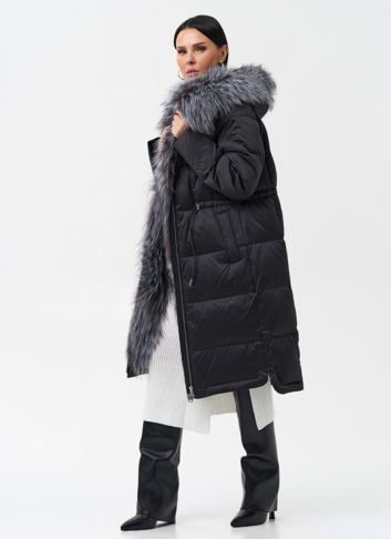 Женский пуховик с отделкой из меха чернобурки