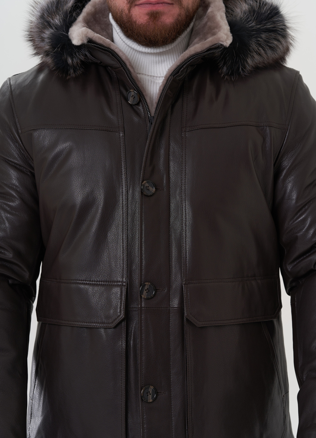 Пуховик из натуральной кожи с капюшоном модель № 26230 универмаг малина