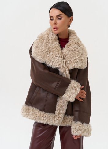 Дубленка из эко замши с высоким воротником