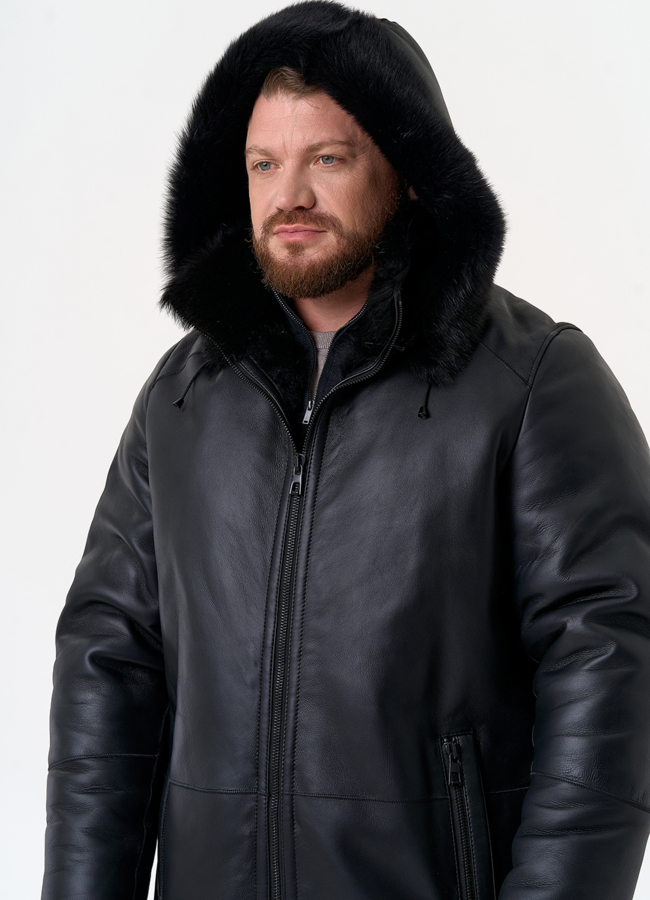 Мужская дубленка черного цвета с капюшоном модель № 31792 универмаг малина