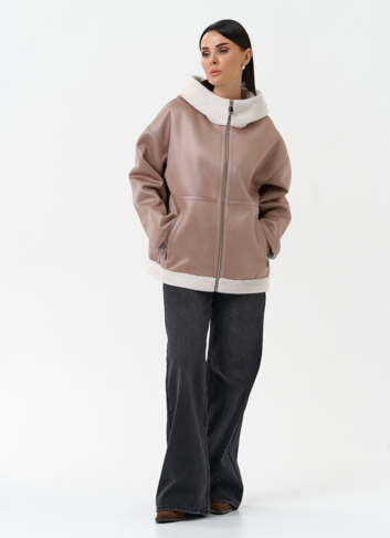 Женская дубленка из эко замши с капюшоном