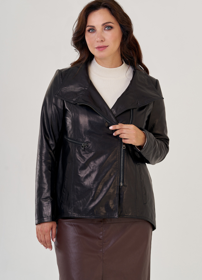Кожаная куртка на молнии в черном цвете модель № 10703 меха малина