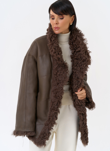 Женская двухсторонняя дубленка с воротником стойкой 