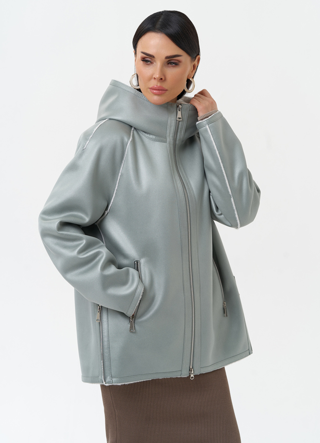 Женская дубленка из эко замши с капюшоном модель № 30204 в кредит