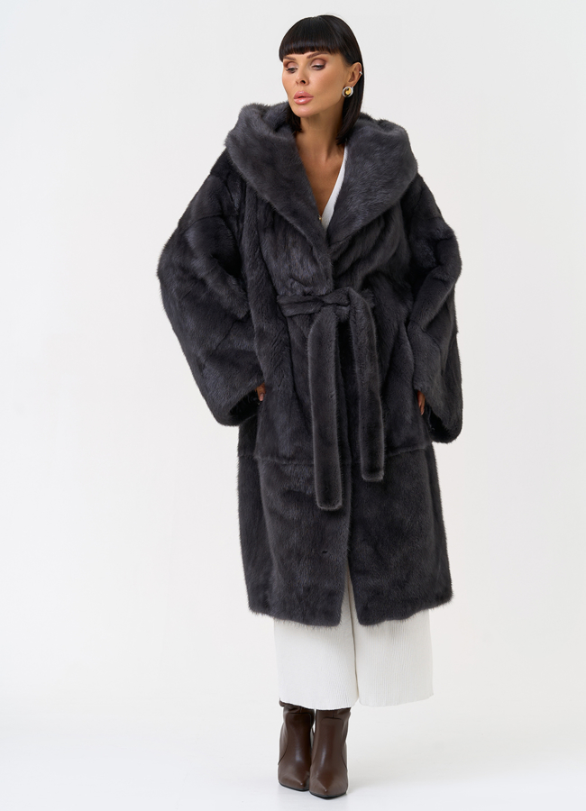 Женская шуба из меха норки с капюшоном  модель № 30673 меха малина