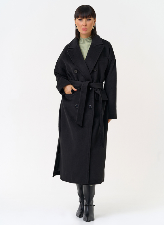 Женское двубортное пальто черного цвета