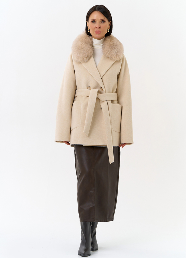 Женское утепленное пальто с отделкой из меха песца модель № 32004 в кредит