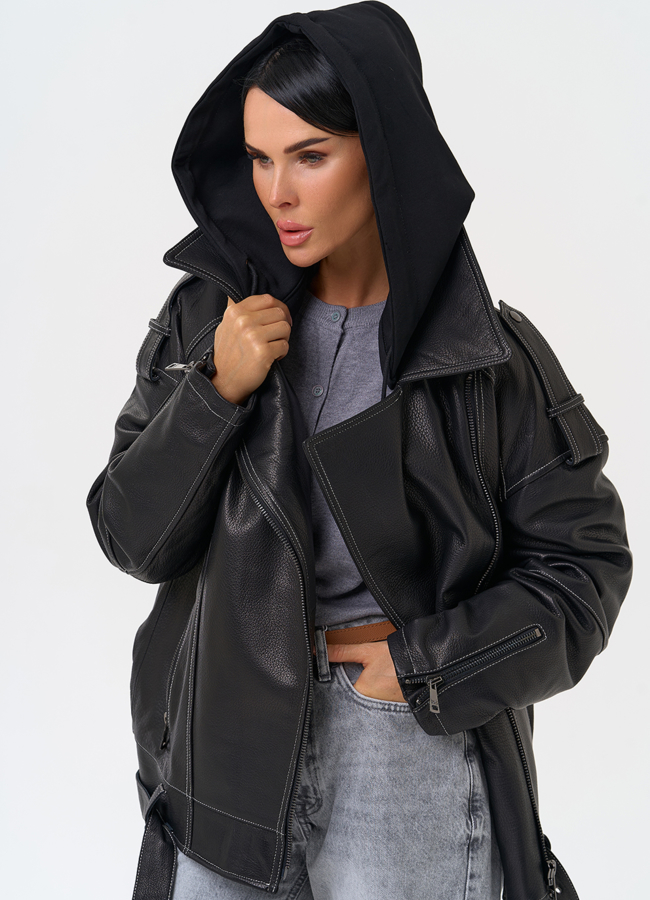 Куртка из натуральной кожи с капюшоном модель № 1729 меха малина