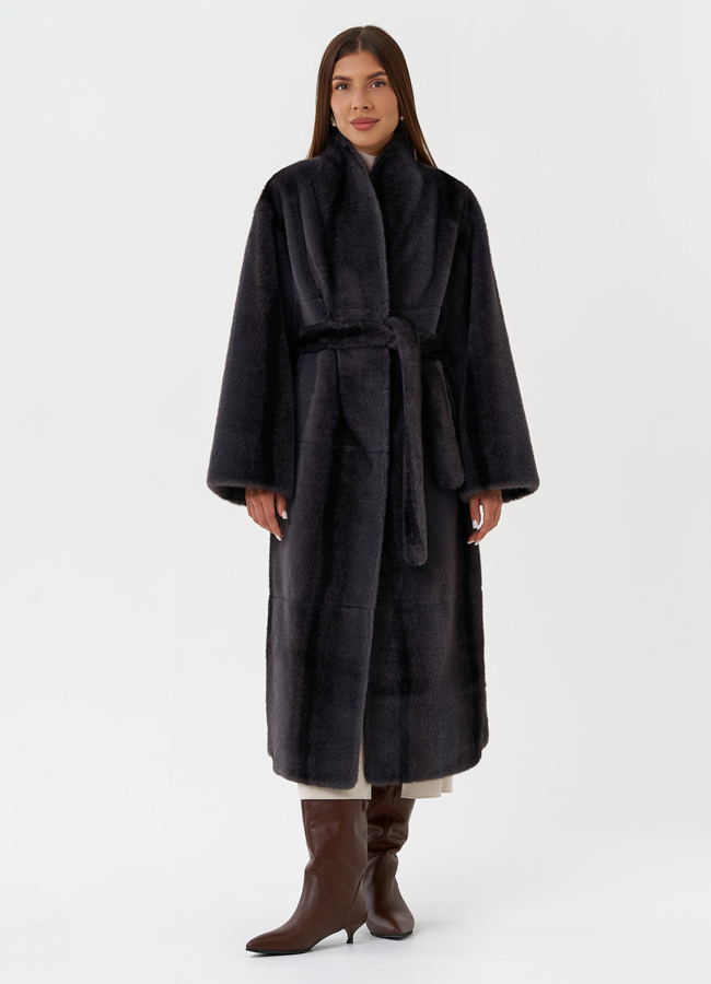 фото Длинное пальто из эко меха с принтом деграде модель № 28543