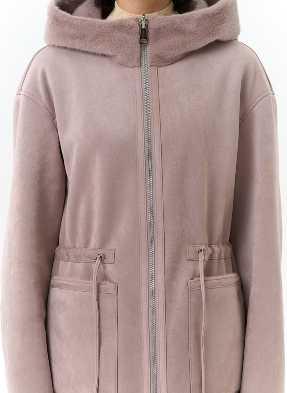 Двухсторонняя дубленка из эко замши с капюшоном