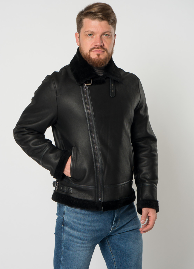 Мужская дубленка косуха в черном цвете модель № 21353 меха малина