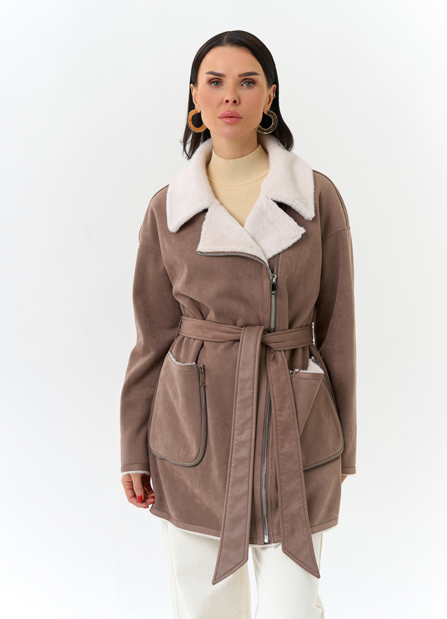 Женская дубленка из эко замши модель № 32689 универмаг малина