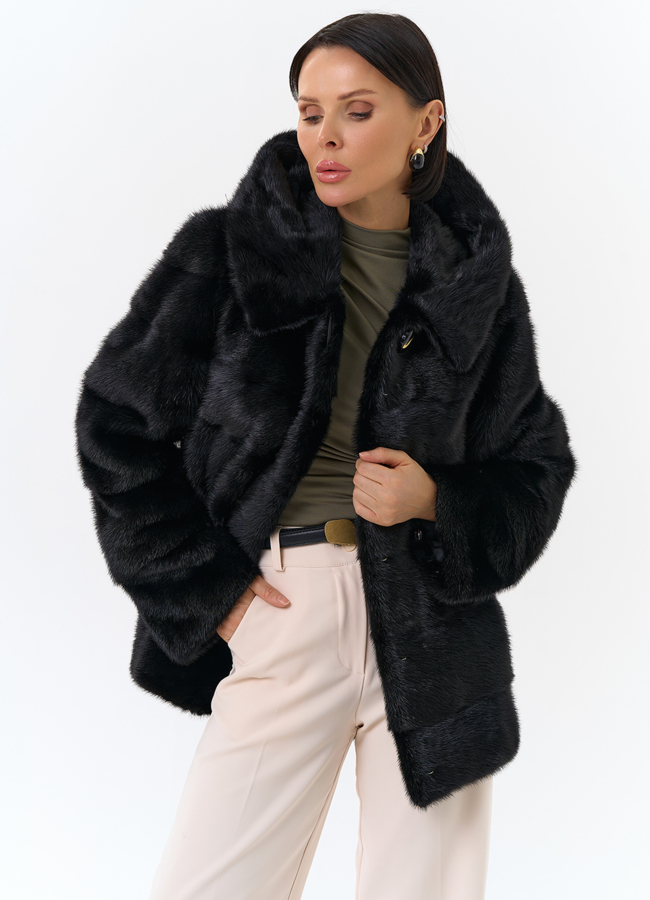 Укороченная норковая шуба черного цвета 2 в 1 модель № 25396 универмаг малина